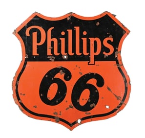 PHILLIPS 66 GASOLINE PORCELAIN SHIELD SIGN.