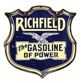 RARE RICHFIELD "THE GASOLINE OF POWER" PORCELAIN SHIELD SIGN