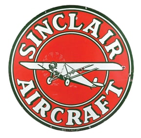 SINCLAIR AIRCRAFT GASOLINE PORCELAIN SERVICE STATION SIGN W/ AIRPLANE GRAPHIC.
