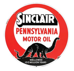 SINCLAIR PENNSYLVANIA MOTOR OIL PORCELAIN SIGN W/ BLACK DINO GRAPHIC.