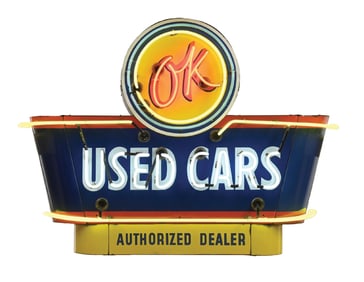 OUTSTANDING OK USED CARS COMPLETE PORCELAIN NEON SIGN W/ BULLNOSE EDGES.
