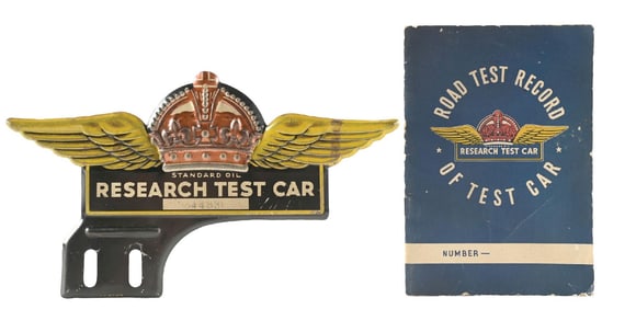 STANDARD OIL RESEARCH TEST CAR EMBOSSED TIN LICENSE PLATE TOPPER W/ ORIGINAL ROAD TEST RECORD