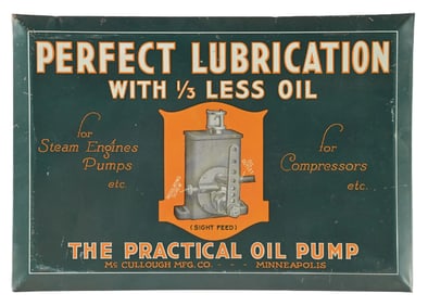PRACTICAL OIL PUMP TIN OVER CARDBOARD SIGN W/ PUMP GRAPHIC.