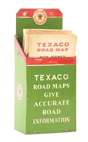 TEXACO ROAD MAPS GIVE ACCURATE ROAD INFORMATION TIN MAP RACK W/ MAPS.