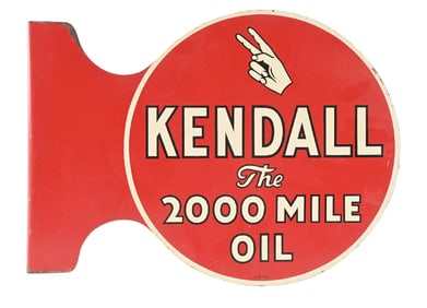 KENDALL THE 2000 MILE OIL TIN FLANGE SIGN.