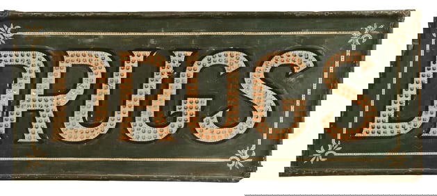 INCREDIBLE EARLY PUNCHED TIN "DRUGS" LIGHT UP SIGN.