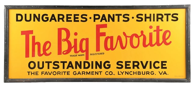 THE FAVORITE GARMENT CO. "THE BIG FAVORITE" N.O.S. TIN SIGN ORIGINAL WOODEN FRAME.