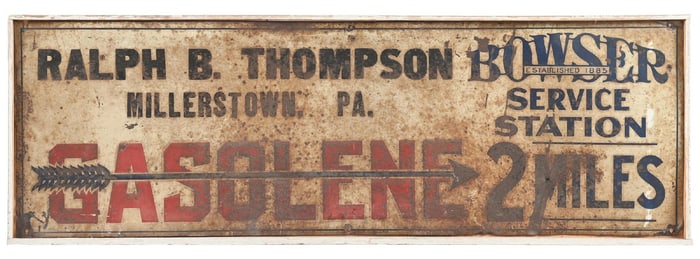 BOWSER SERVICE STATION EMBOSSED TIN DIRECTIONAL SIGN W/ ARROW GRAPHIC.