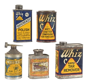 COLLECTION OF 5: WHIZ AUTOMOTIVE PRODUCT TINS.