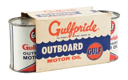 GULF OUTBOARD MOTOR OILS N.O.S. SET OF THREE WITH ORIGINAL CARDBOARD DISPLAY SLEEVE.