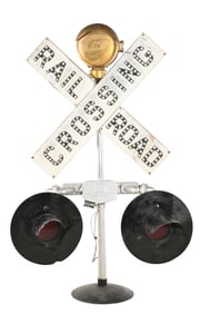 RAILROAD CROSSING SIGN DISPLAY W/ LIGHT & BELL FIXTURES.