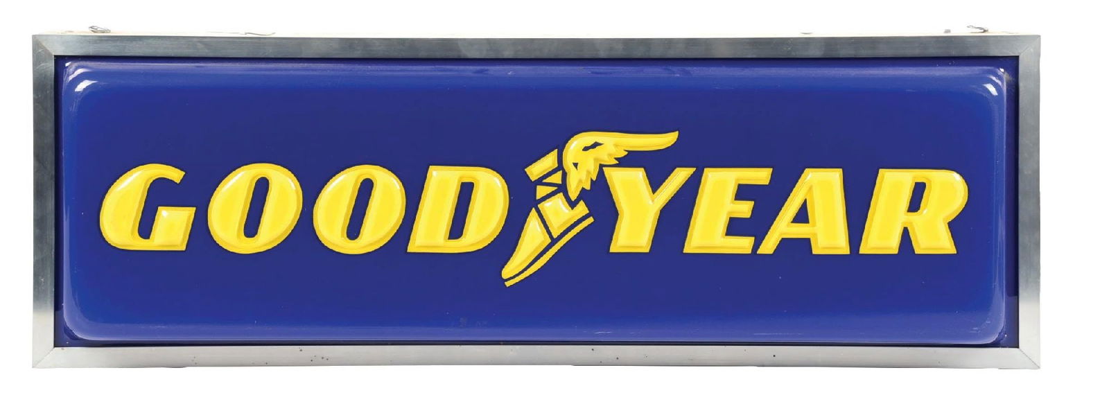GOOD YEAR TIRES EMBOSSED PLASTIC LIGHT-UP DISPLAY W/ METAL CAN. (1 of 2)