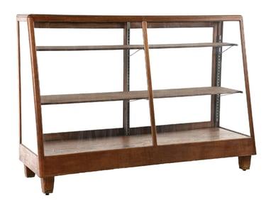 ORIGINAL OAK & GLASS LARGE STORE FLOOR DISPLAY CASE W/ SLANTED FACE.