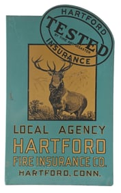 HARTFORD FIRE INSURANCE COMPANY TIN FLANGE SIGN W/ STAG GRAPHIC.