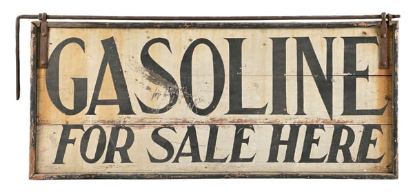 GASOLINE FOR SALE HERE HAND PAINTED WOOD SIGN W/ ORIGINAL IRON HARDWARE.