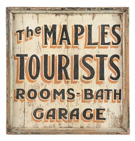 THE MAPLES TOURIST ROOMS, BATH AND GARAGE HAND PAINTED WOODEN SIGN