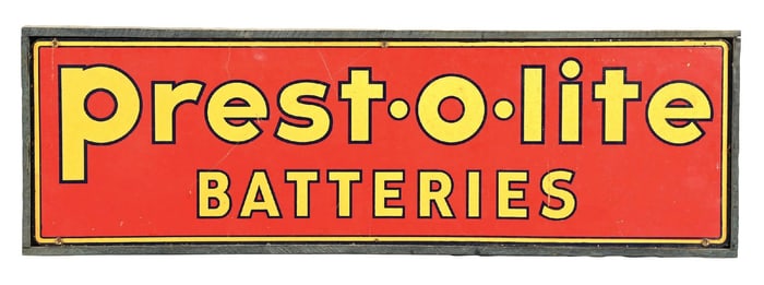 PREST-O-LITE BATTERIES TWO- PIECE MASONITE SIGN W/ ORIGINAL WOOD FRAME.