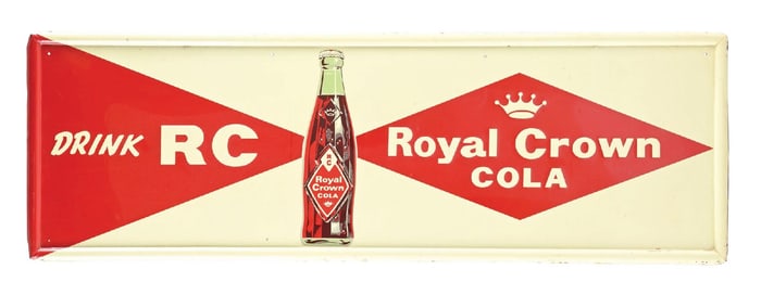 DRINK ROYAL CROWN COLA EMBOSSED TIN SIGN W/ BOTTLE GRAPHIC.