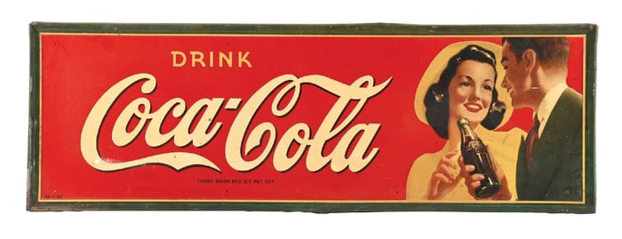 DRINK COCA COLA TIN SIGN W/ MAN & WOMAN GRAPHIC.