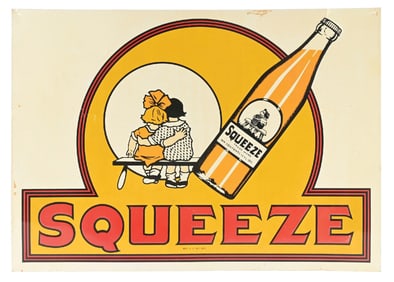 SQUEEZE SODA POP EMBOSSED TIN SIGN W/ BOTTLE GRAPHIC.