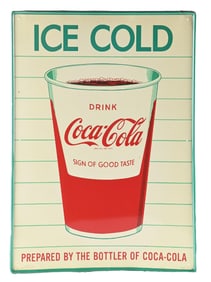 DRINK COCA COLA ICE COLD TIN SIGN W/ CUP GRAPHIC.
