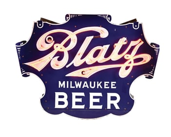 BLATZ MILWAUKEE BEER COMPLETE PORCELAIN NEON SIGN ON ORIGINAL METAL CAN.