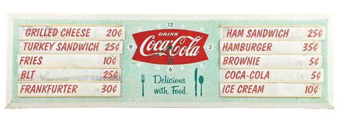 DRINK COCA COLA TIN MENU BOARD WITH CLOCK.