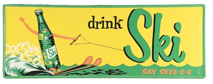 DRINK SKI TIN SODA POP TIN SIGN W/ SELF FRAMED OUTER EDGE.