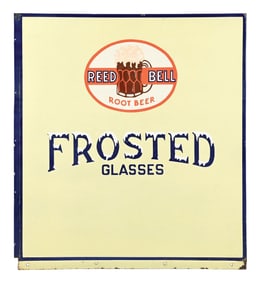 REED BELL ROOTBEER IN FROSTED GLASSES PORCELAIN SIGN.