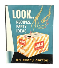 JAX BEER TIN SIGN W/ BEER CASE GRAPHIC.