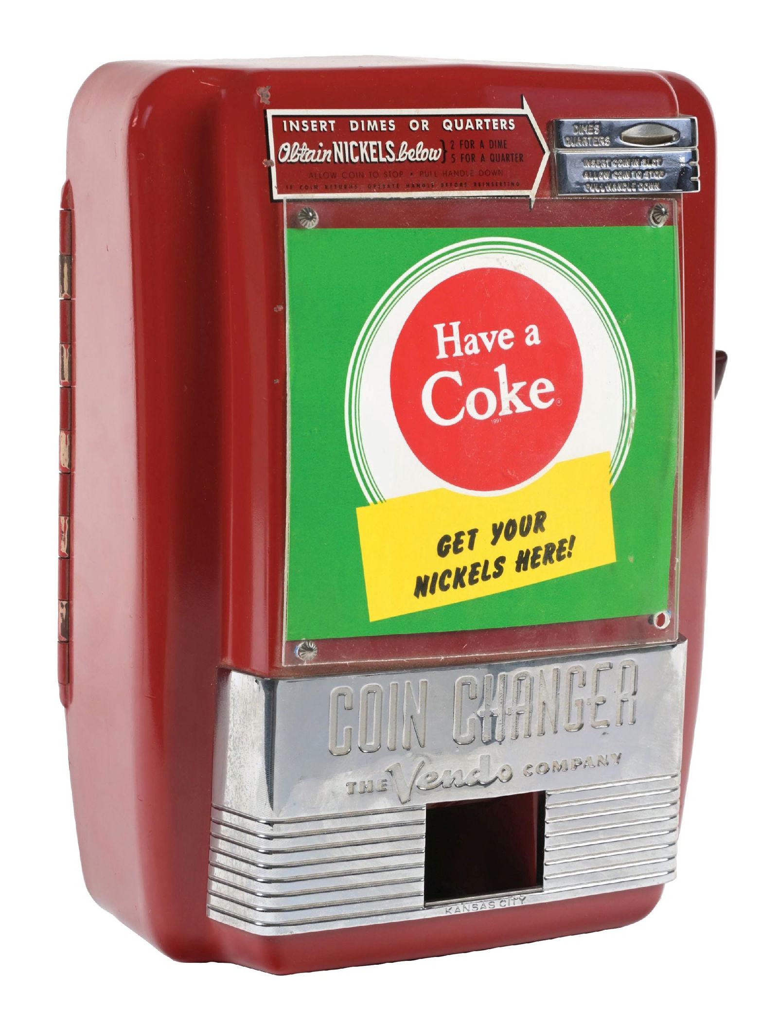 VENDO COIN CHANGER W/ COCA COLA ADVERTISING GRAPHIC. (1 of 4)
