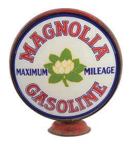 MAGNOLIA GASOLINE "MAXIMUM MILEAGE" COMPLETE 16.5" GLOBE ON LOW PROFILE METAL BODY.