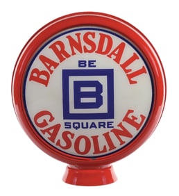 BARNSDALL GASOLINE "BE SQUARE" COMPLETE 13.5" GLOBE ON METAL BODY.
