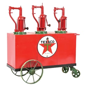TRIPLE SERVICE STATION LUBSTER CART W/ TEXACO PORCELAIN SIGNS.