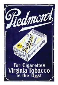 PIEDMONT CIGARETTES PORCELAIN SIGN W/ TOBACCO PACK GRAPHIC.