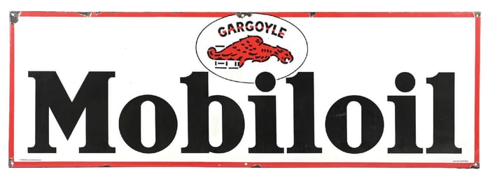 MOBILOIL PORCELAIN SIGN W/ GARGOYLE GRAPHIC & COOKIE CUTTER OUTER EDGE.