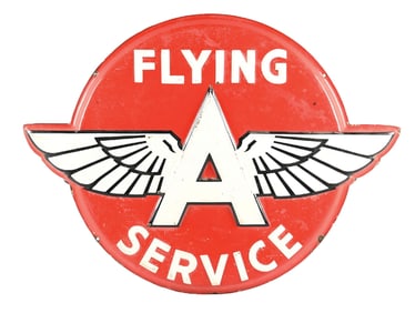 FLYING A SERVICE EMBOSSED PORCELAIN BUTTON SIGN.
