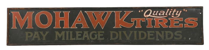 RARE & OUTSTANDING MOHAWK TIRES PAINTED TIN SIGN W/ ORIGINAL WOOD FRAME.