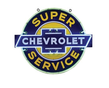 OUTSTANDING CHEVROLET SUPER SERVICE STATION PORCELAIN NEON SIGN.