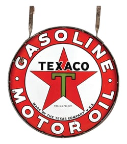 TEXACO GASOLINE & MOTOR OIL PORCELAIN SIGN W/ ORIGINAL METAL HANGER.