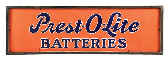 PREST-O-LITE BATTERIES PORCELAIN SIGN W/ WOOD FRAME.