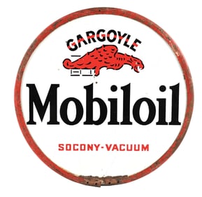 MOBILOIL GARGOYLE PORCELAIN SIGN W/ ORIGINAL IRON FRAME.