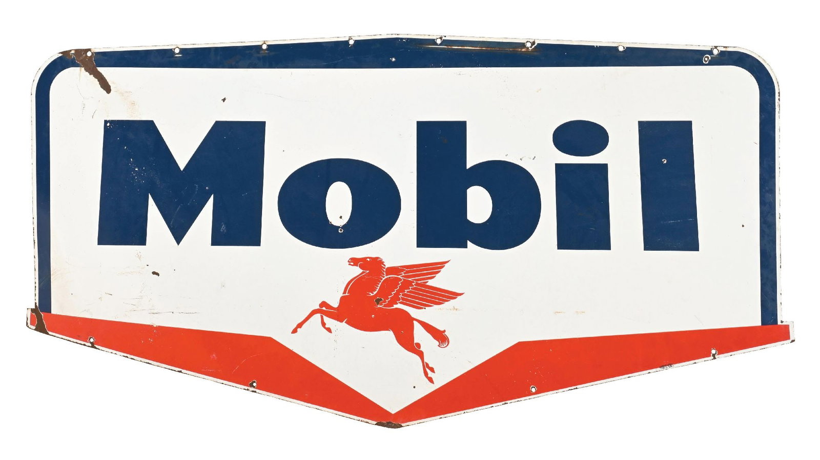 MOBIL GASOLINE PORCELAIN SIGN W/ PEGASUS GRAPHIC.: DSP. CONDITION: Sign shows excellent color & gloss throughout the field with some minor areas of chipping in the inner & outer field. Sign shows some moderate chipping at the edges with two areas of h