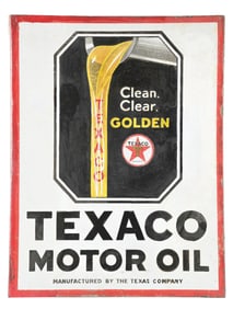 TEXACO CLEAN, CLEAR & GOLDEN MOTOR OIL PORCELAIN FLANGE SIGN.