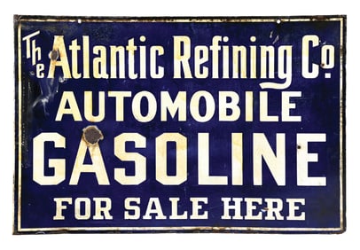 ATLANTIC AUTOMOBILE GASOLINE FOR SALE HERE PORCELAIN FLANGE SIGN.