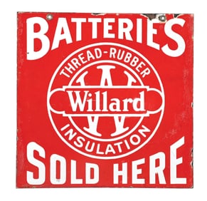 WILLARD BATTERIES SOLD HERE PORCELAIN SERVICE STATION SIGN.