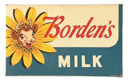 BORDEN'S MILK TIN FLANGE SIGN W/ ELSIE GRAPHIC.