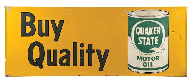 QUAKER STATE "BUY QUALITY" MOTOR OIL EMBOSSED TIN SIGN.