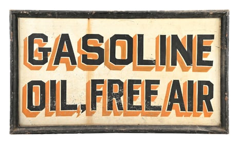 GASOLINE OIL & FREE AIR HAND PAINTE TIN SIGN W/ WOOD FRAME.