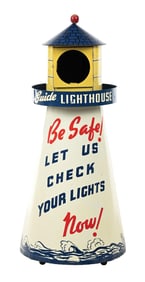 RARE LIGHTHOUSE AUTO LAMPS THREE DIMENSIONAL TIN LIGHT HOUSE STORE DISPLAY CABINET.